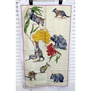 Vtg Linen Never Used Australia Map Flora Fauna Koala Wallaby Tea Towel 20 x 34